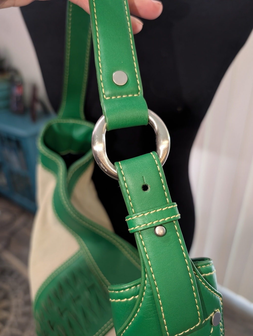 Cole Haan Natural Canvas And Kelly Green Leather Shoulder Bag - Picture 4 of 7